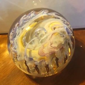 Purple Pink White Yellow Swirl Ribbon Controlled Bubbles Hand Blown Paperweight